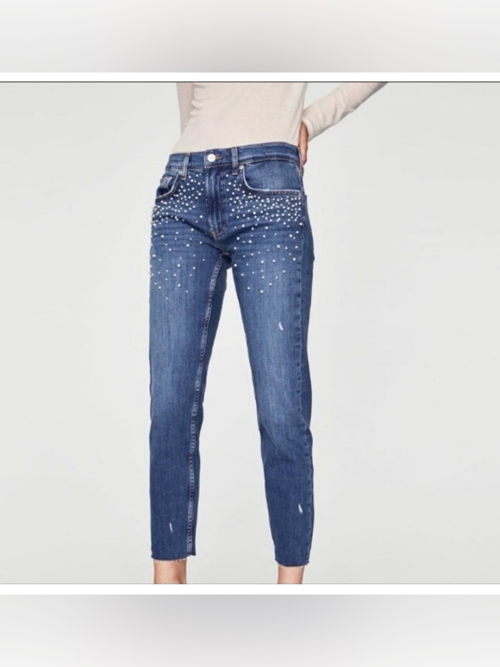 Zara Pearl Embellished Cropped Denim  Distressed Jeans Womens 2